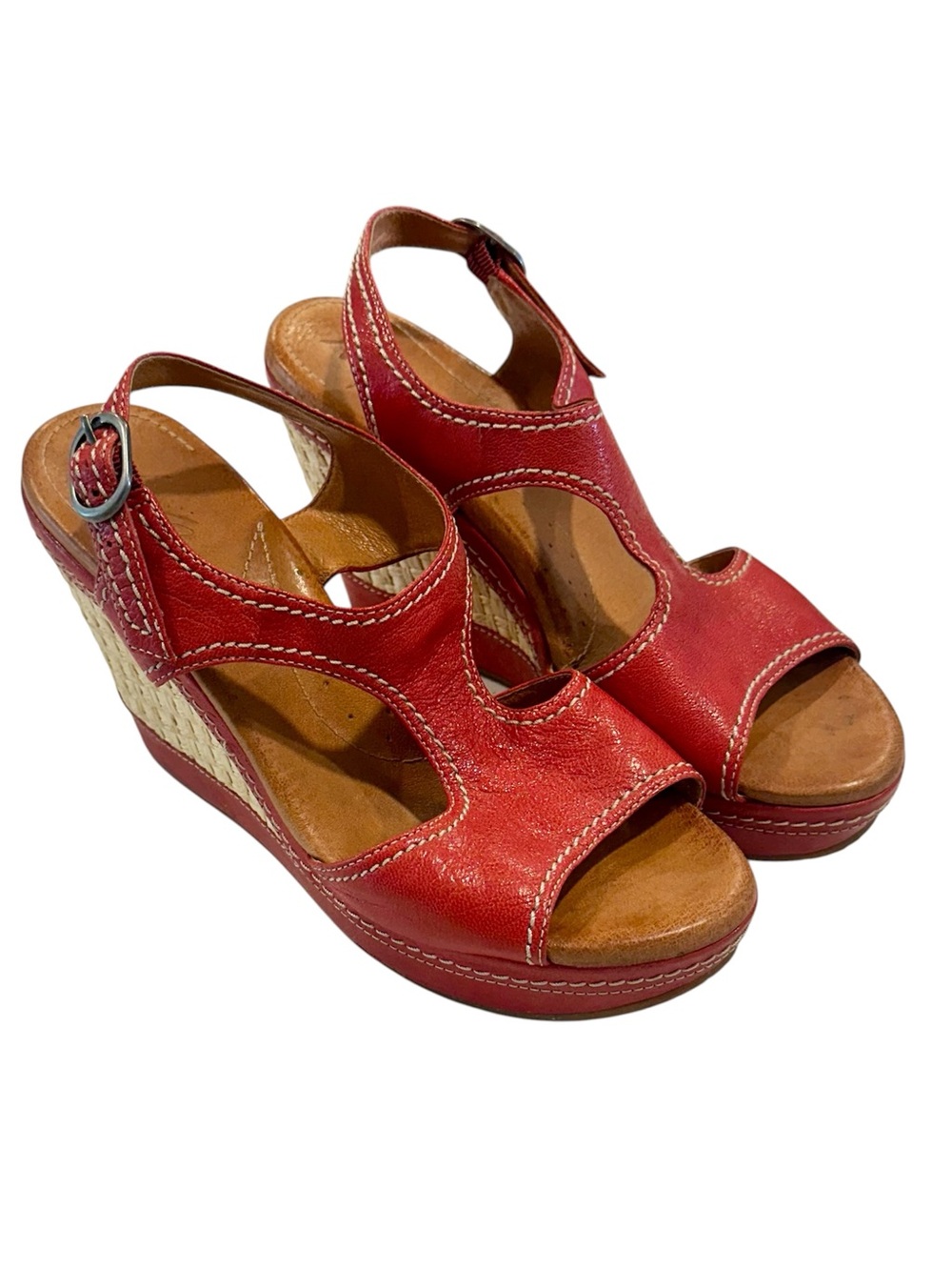 Anthropologie Naya Red Leather Wedge Sandals with Woven Espadrille Detail - 9 - Picture 3 of 11